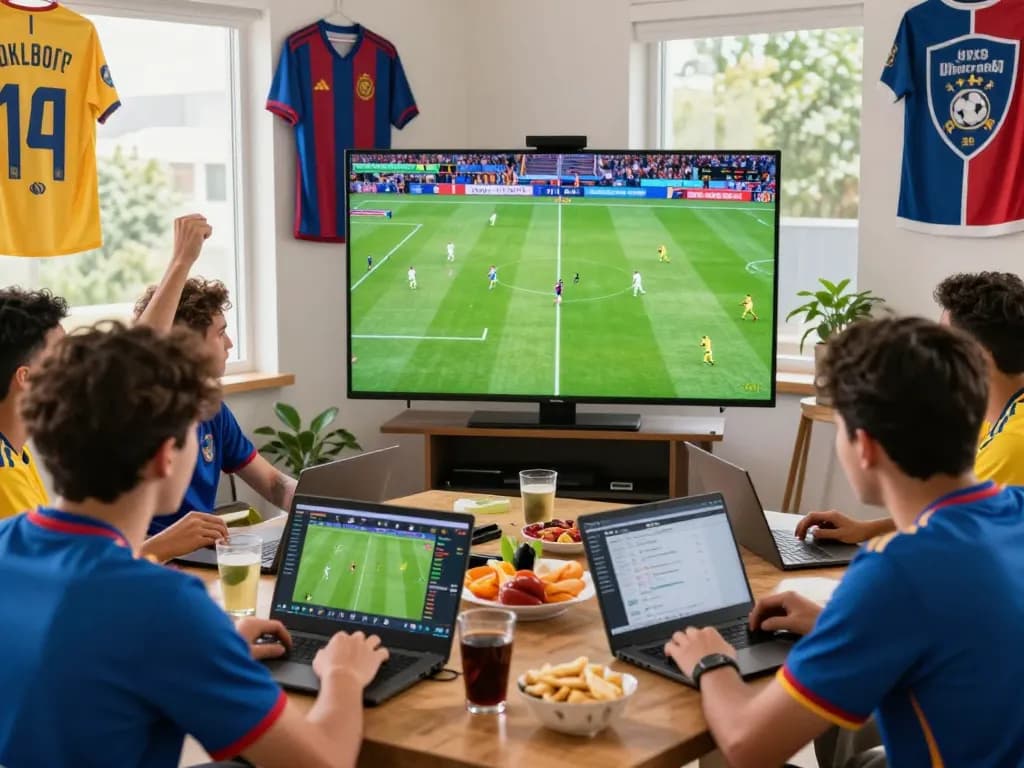 Engaged soccer fans analyzing live match statistics on Nowgoal for real-time soccer updates.