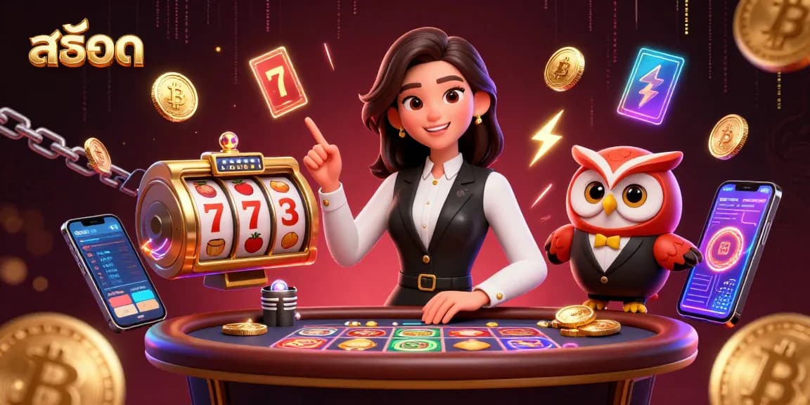 Spin the reels in vibrant สล็อต action, featuring engaging slot symbols and neon crypto coins.