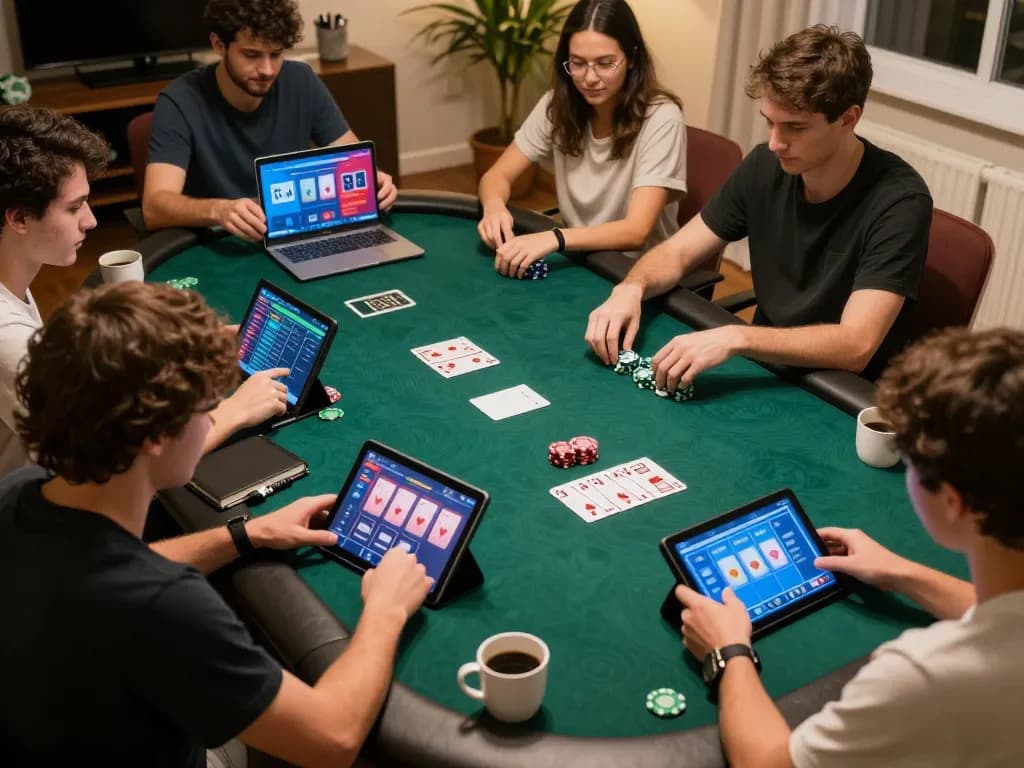 Participants playing poker online with lucky88 chính thức, showcasing devices and strategy notes in a cozy setting.