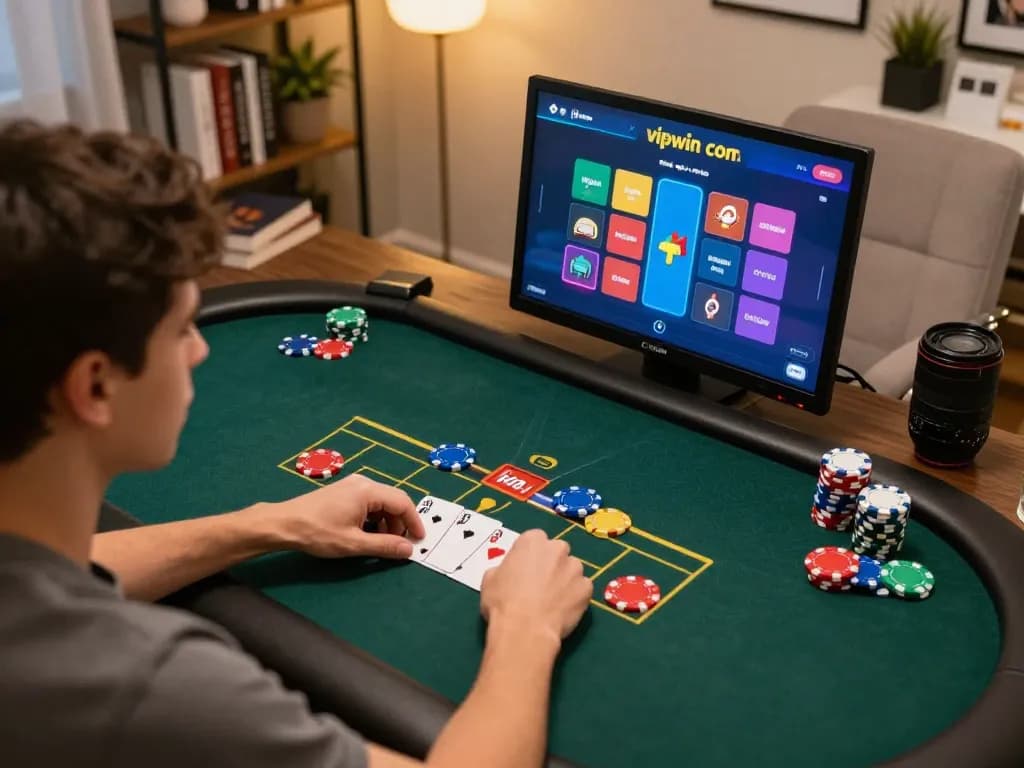 Player engaging with the vipwin com app for online poker, showcasing vibrant gaming interface and cozy home environment.