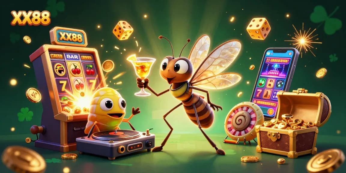 Spin to win with XX88 at this vibrant 3D casino scene, showcasing thrilling games and colorful characters.