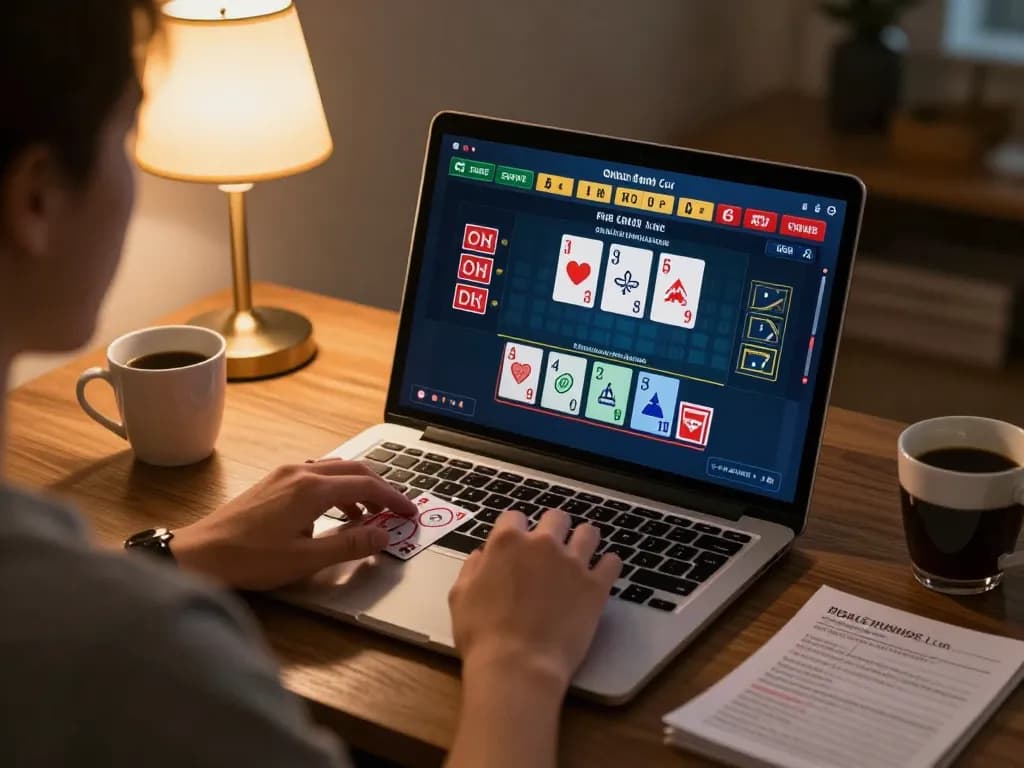 Gambler using go8 platform for online blackjack strategy at home with organized notes.