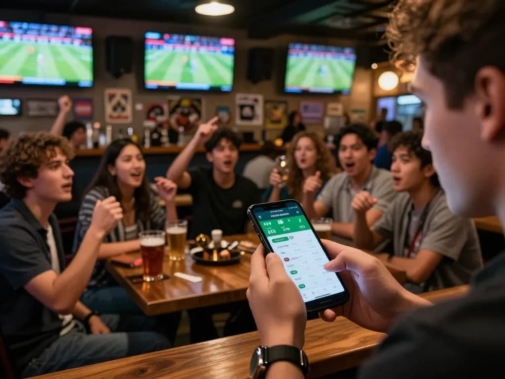 Kèo nhà cái hôm nay displayed on smartphone as fans cheer in vibrant sports bar atmosphere.