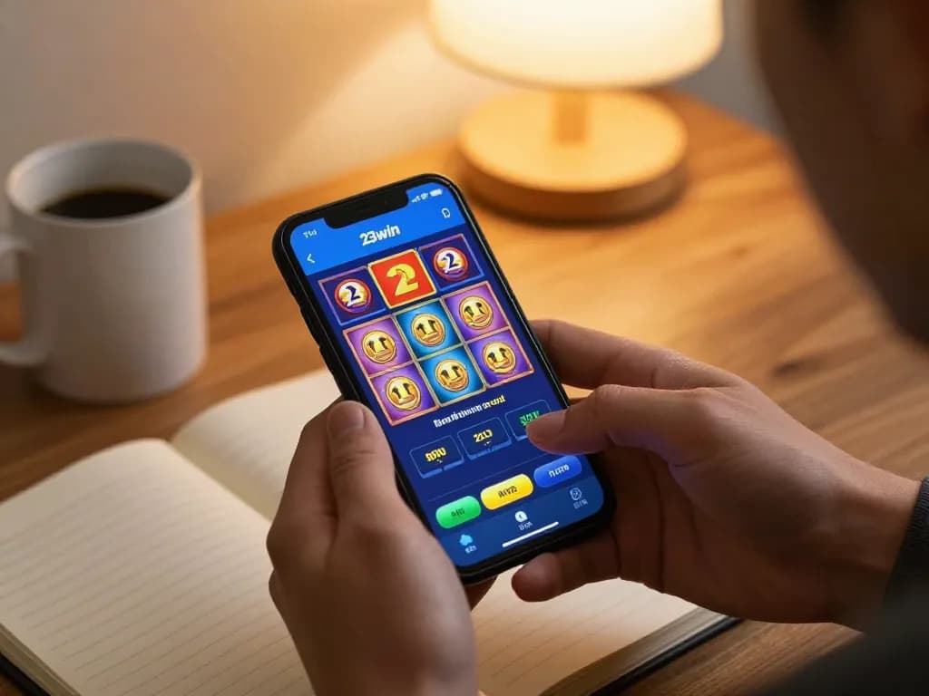 Engaging mobile gaming experience with the 23win app on a smartphone, surrounded by personal items.