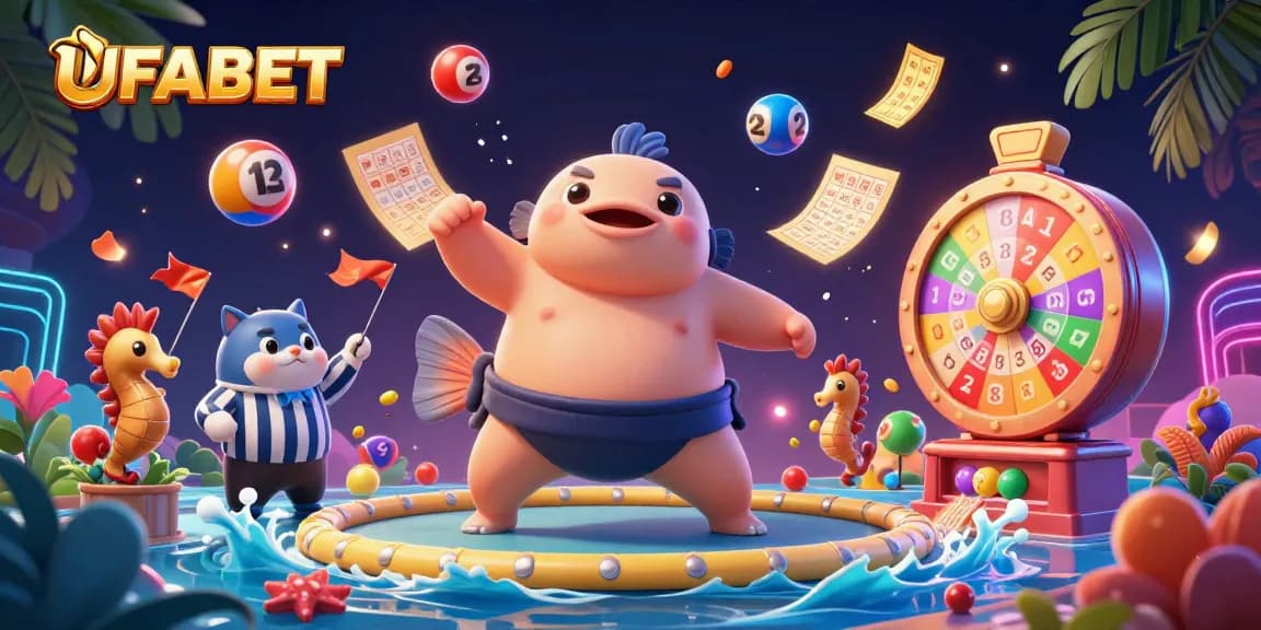 Win big with UFABET at this vibrant gambling scene featuring dynamic lottery elements and cheerful characters.