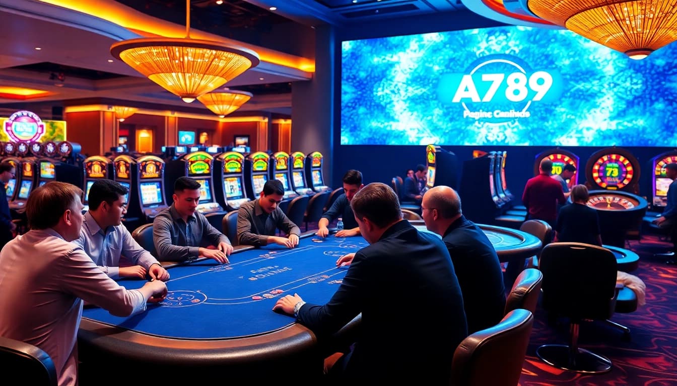 Players engaging in a high-stakes game at ALo789 casino, surrounded by exciting gaming elements.