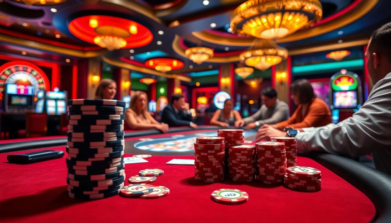 Players enjoying a thrilling poker game with 'jl 55' chips in a vibrant casino setting.