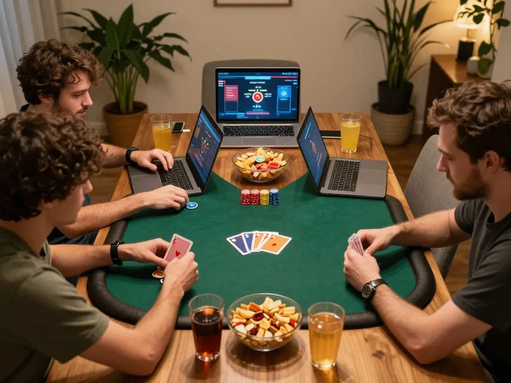 Two players strategizing their bets in an online poker game on 888bgo platform, featuring warm home ambiance and modern settings.