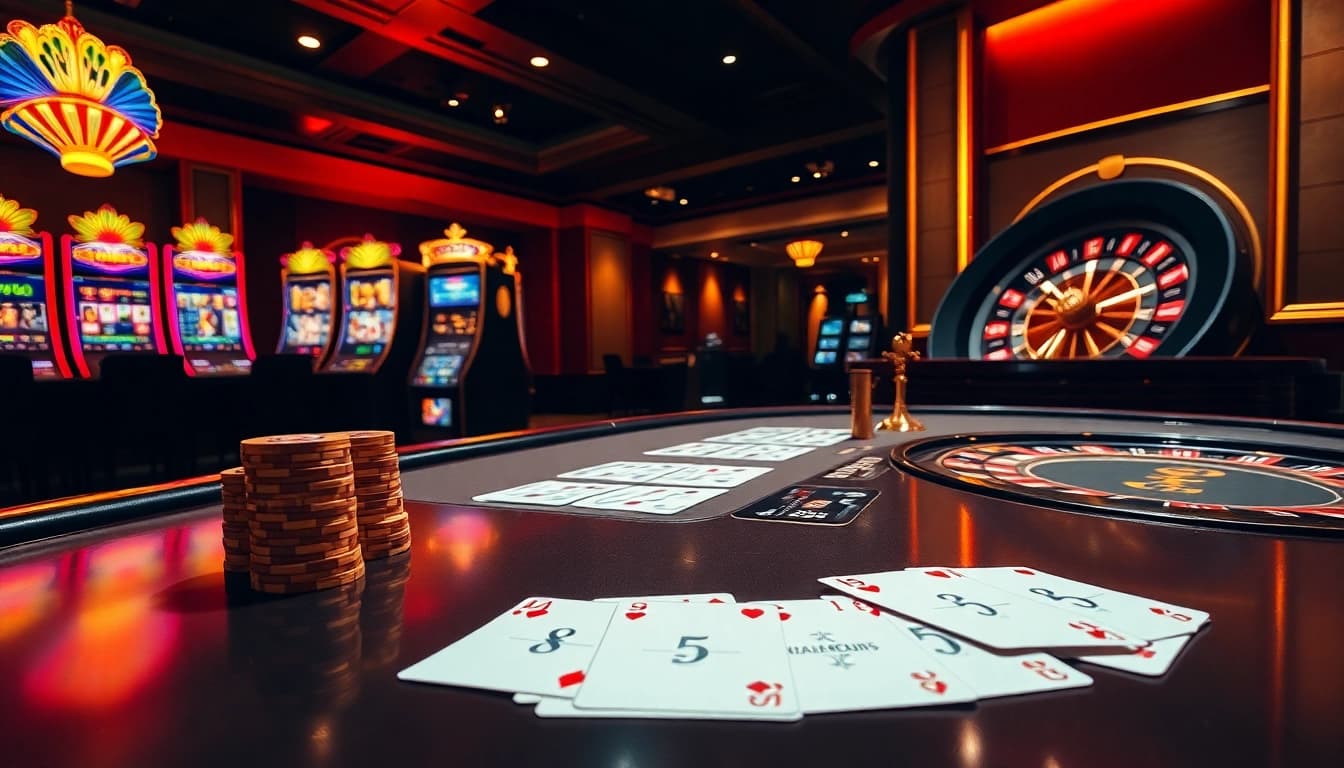 Engage in the excitement of đăng ký OK8386 with a vibrant casino atmosphere showcasing poker and roulette.
