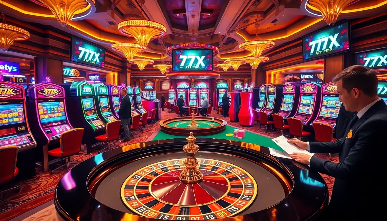 Experience the excitement of 777X ATQ with vibrant casino visuals featuring roulette tables and slot machines.