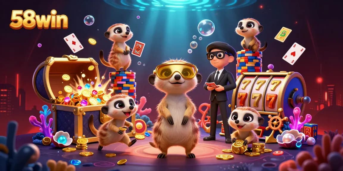 Experience the excitement at 58win casino with lively meerkats running a vibrant gaming scene.