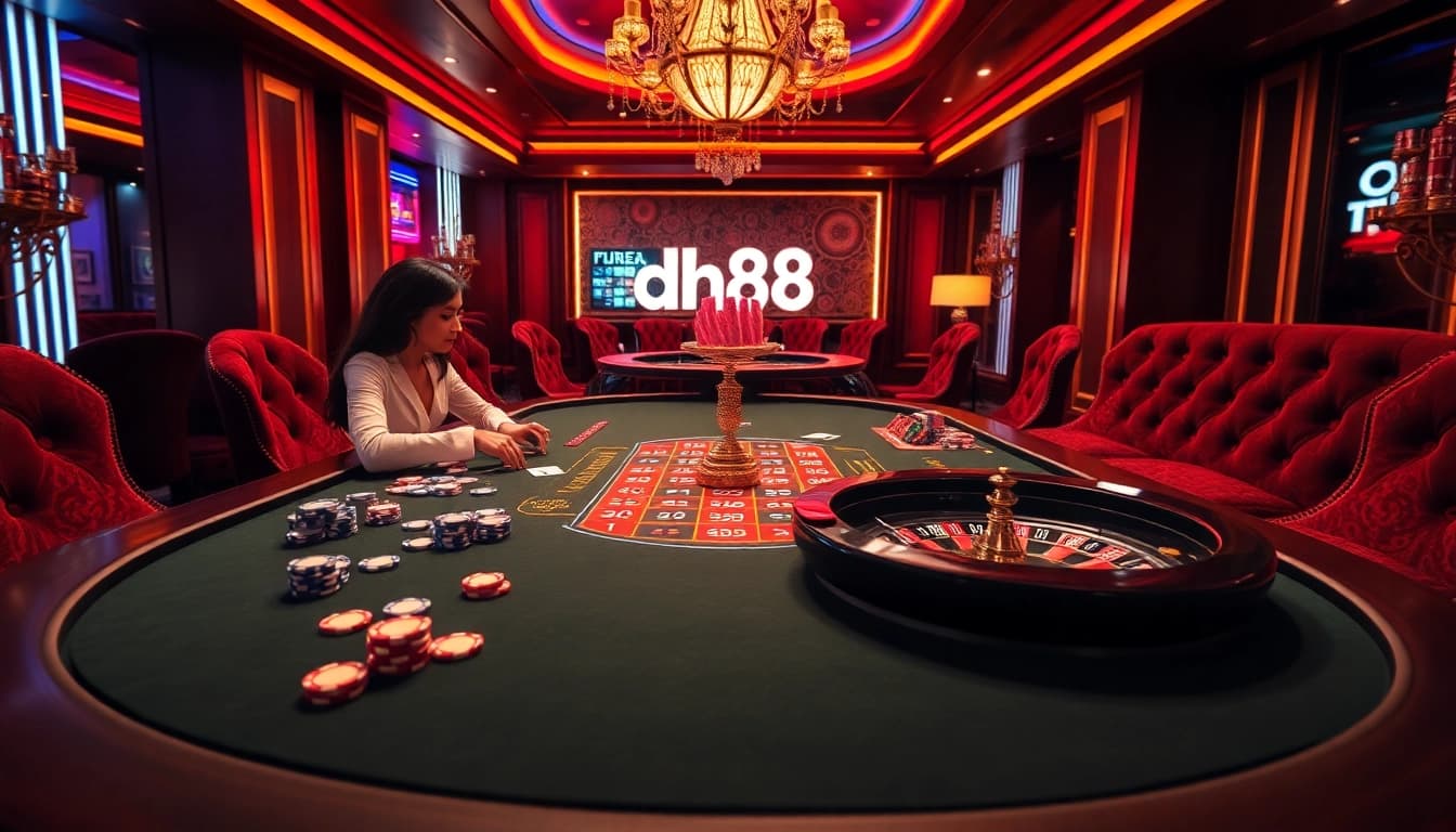 Players enjoying a thrilling game of poker at a vibrant casino table, showcasing dh88-themed decorations.