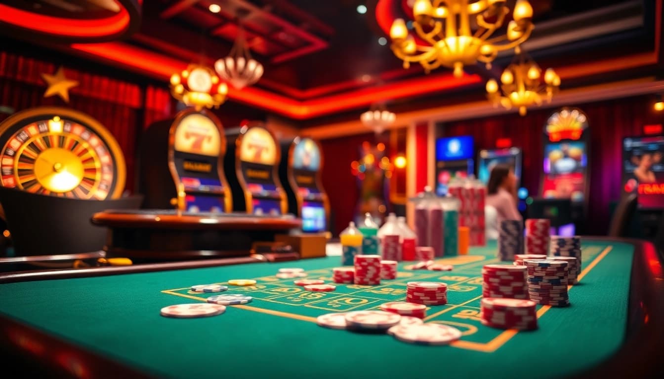 Experience the excitement of 'trang chủ OPEN88' with a dazzling casino scene featuring roulette, poker, and slots.
