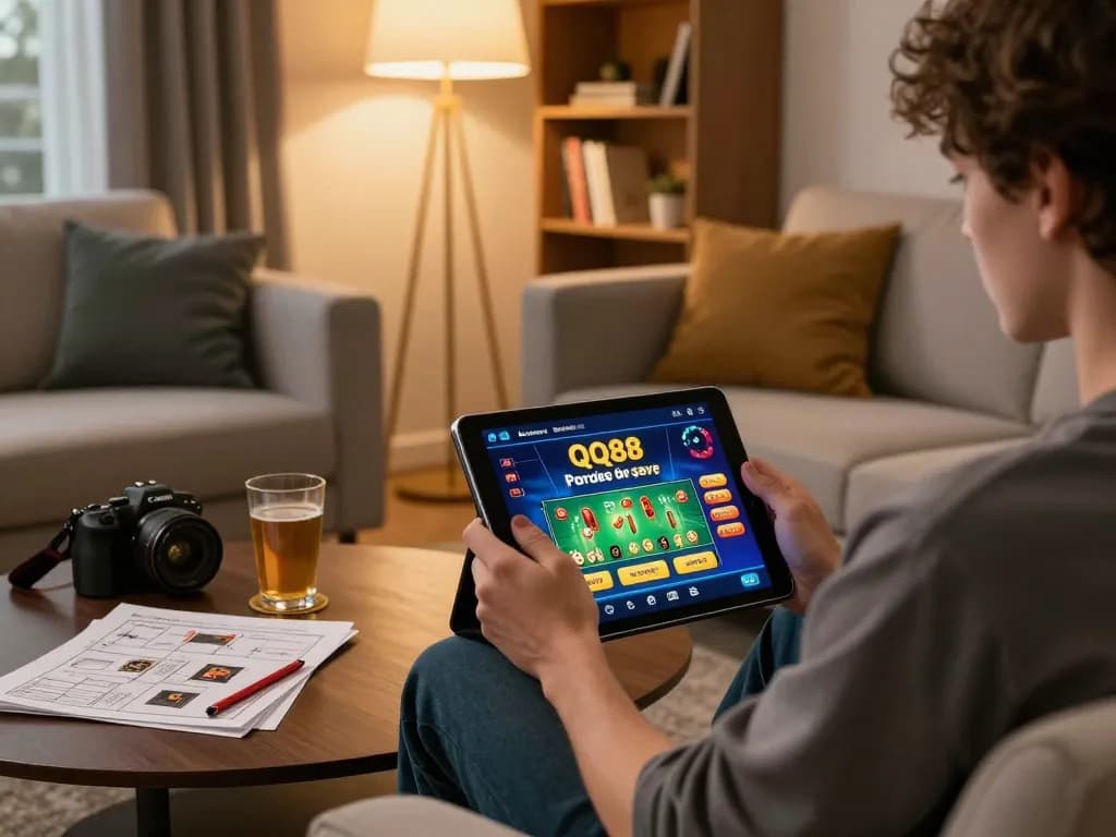 Engaging with the qq88 online casino platform on a tablet in a cozy living room.