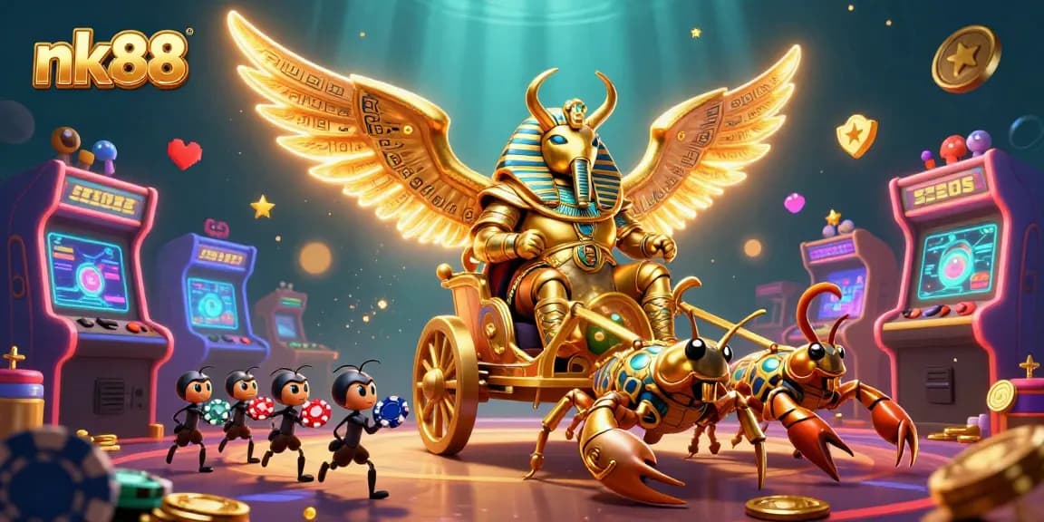 Players enjoy vibrant fun at nk88 with a golden scarab beetle in a casino-themed scene filled with game elements.