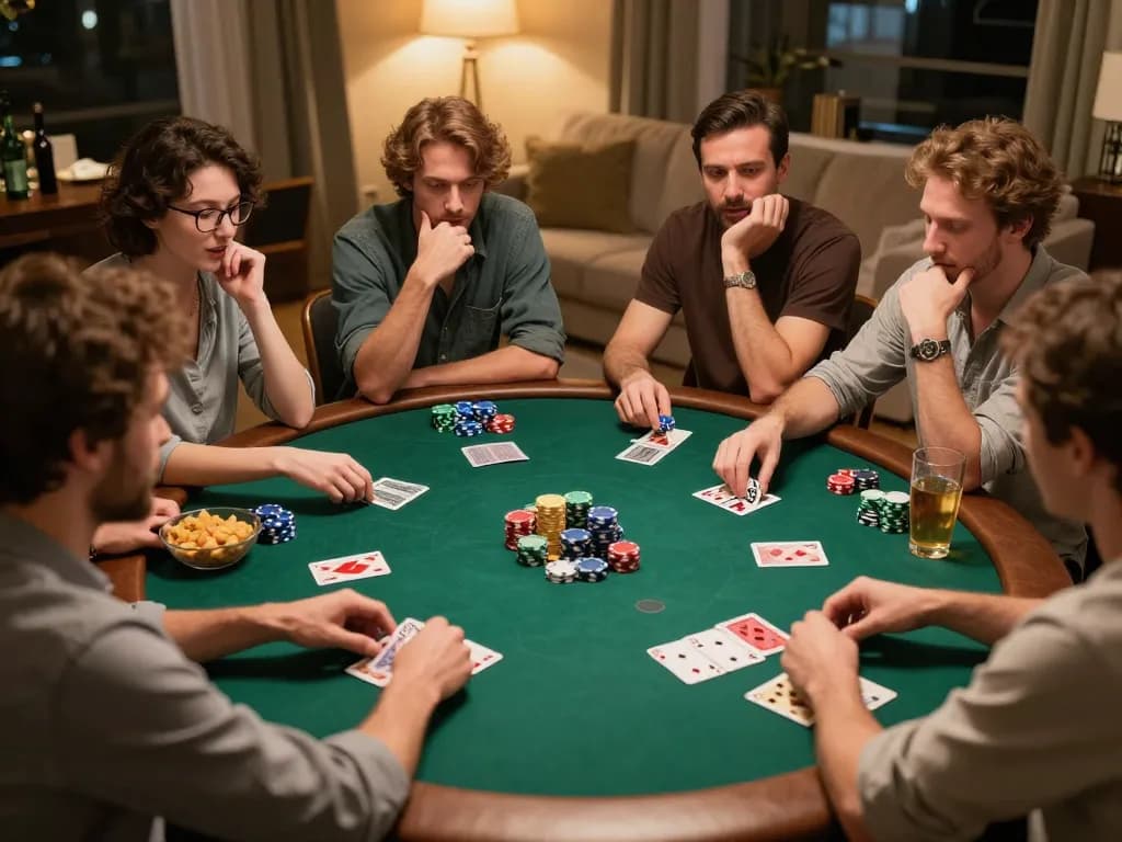 Friends engage in a poker game at home, illustrating strategic gambling within a relaxed setting, fed with fun.