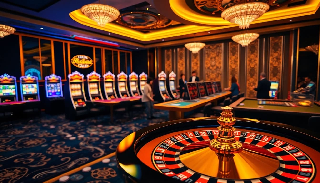 Exciting gambling scene at 88ii88.com with luxurious casino tables and vibrant slot machines.
