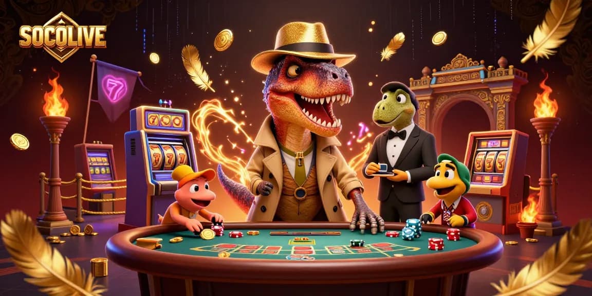 SOCOLIVE shows a velociraptor card counter and stegosaurus pit boss in a captivating online casino scene.