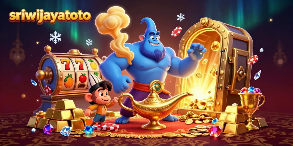 Sriwijayatoto showcases thrilling slot gameplay with a majestic genie, monkey companion, and dazzling treasures.