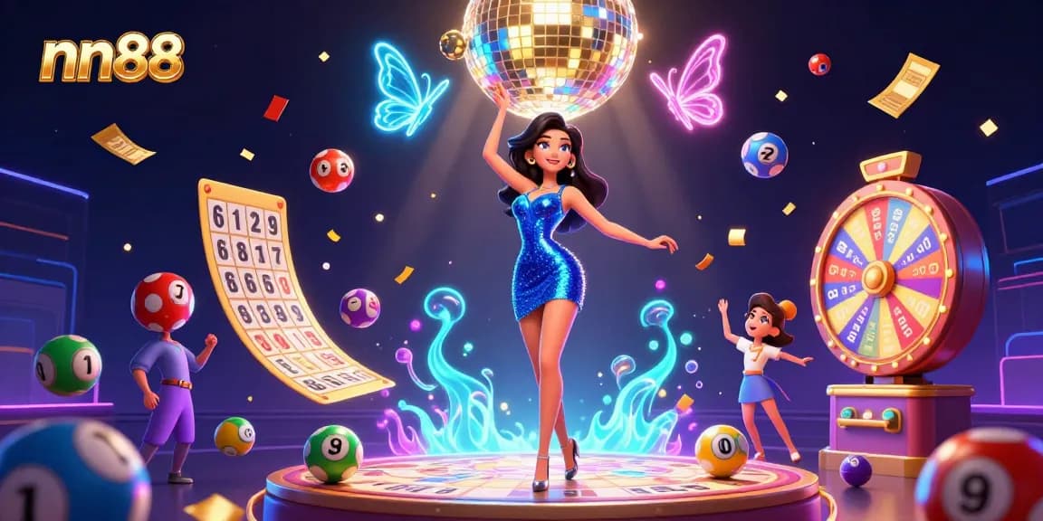 Engage with the exciting world of nn88, featuring a glamorous woman surrounded by vibrant casino elements and neon butterflies.