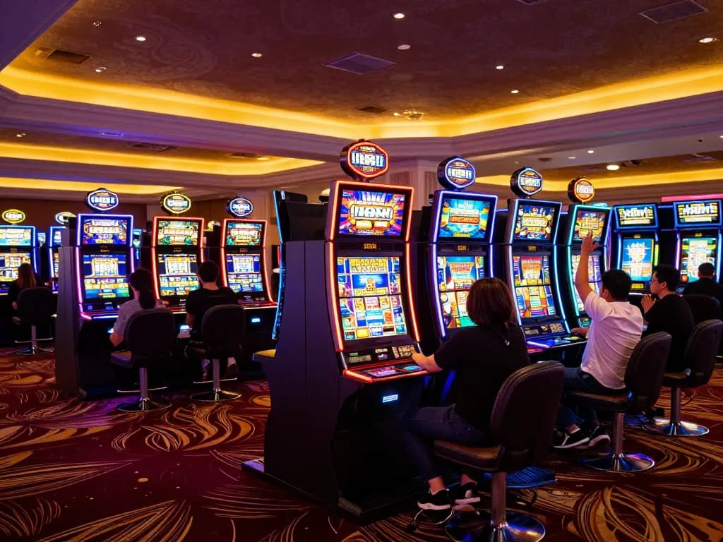 Players enjoying fun88 slots in a lively casino, showcasing excitement and bright neon lights.