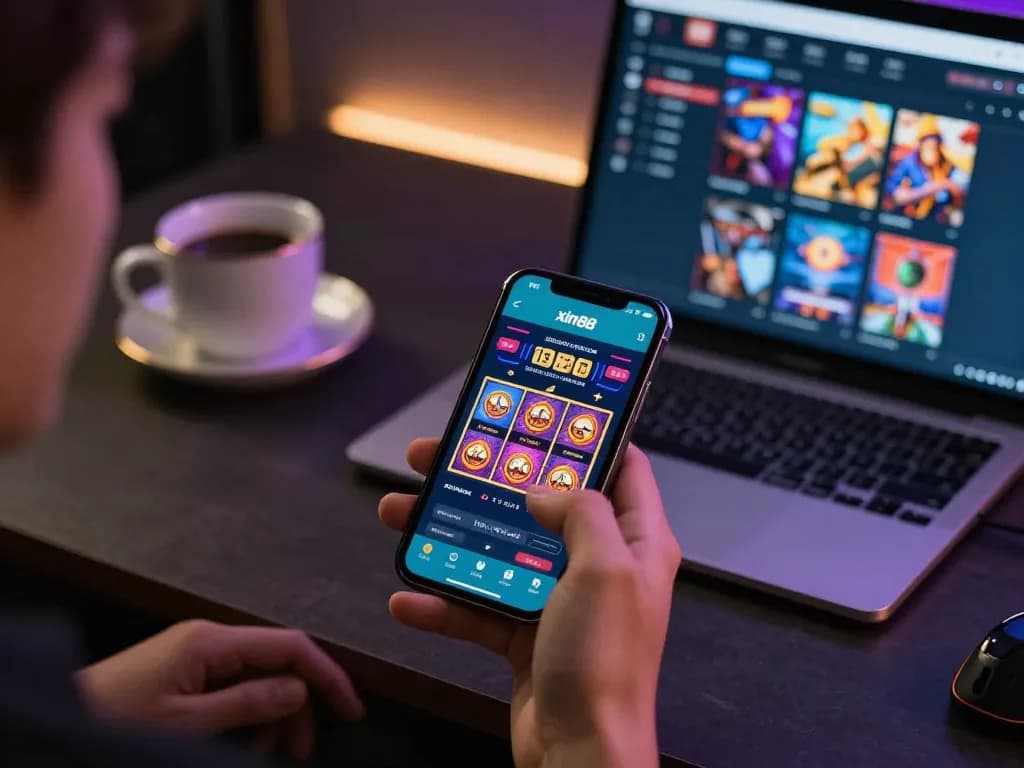 Playing games on the xin88 app, smartphone displaying exciting slot graphics in a modern gaming setup