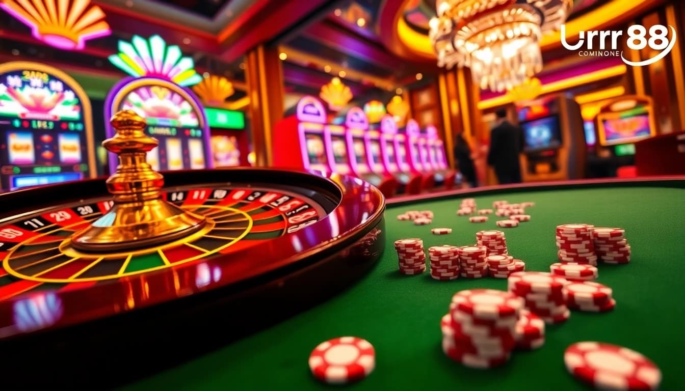 Exciting gaming scene featuring casino elements at https://urr88.com/ with spinning roulette and vibrant slot machines.