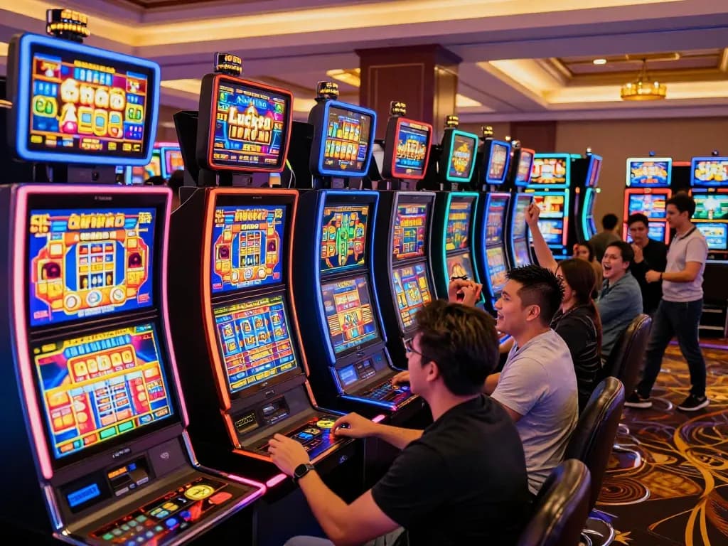 Players enjoying Lucky88 slot machines in a lively casino atmosphere filled with excitement and neon lights.