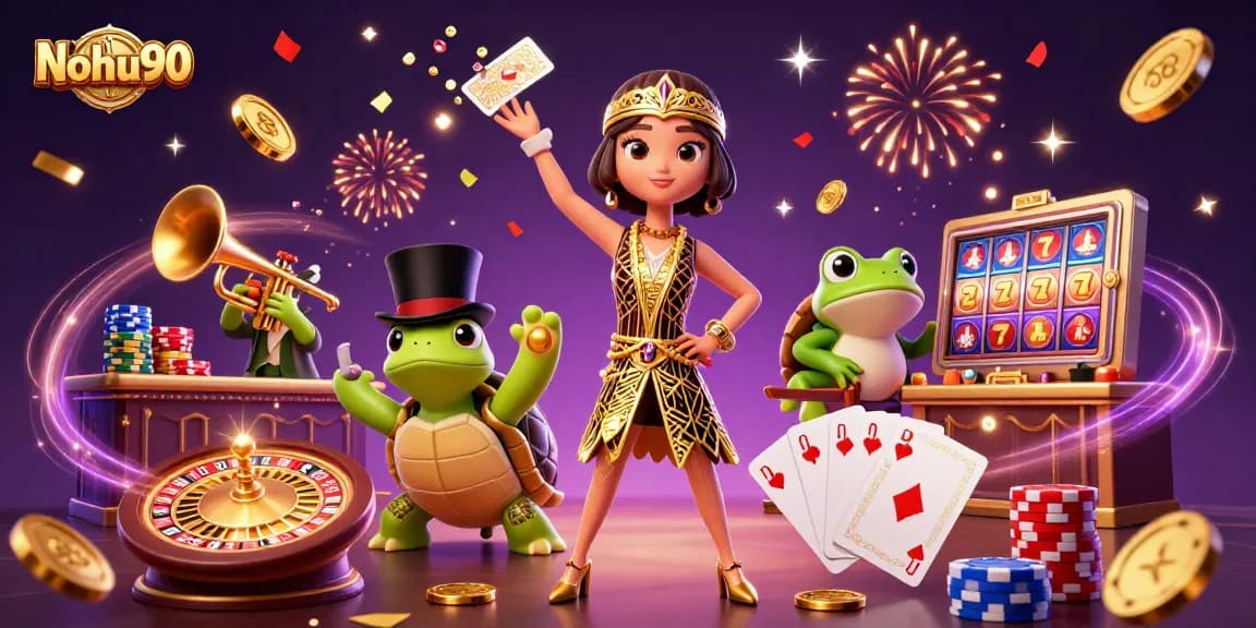 Nohu90 showcases thrilling slot games with a vibrant 3D casino illustration, featuring vivid characters and dynamic action.