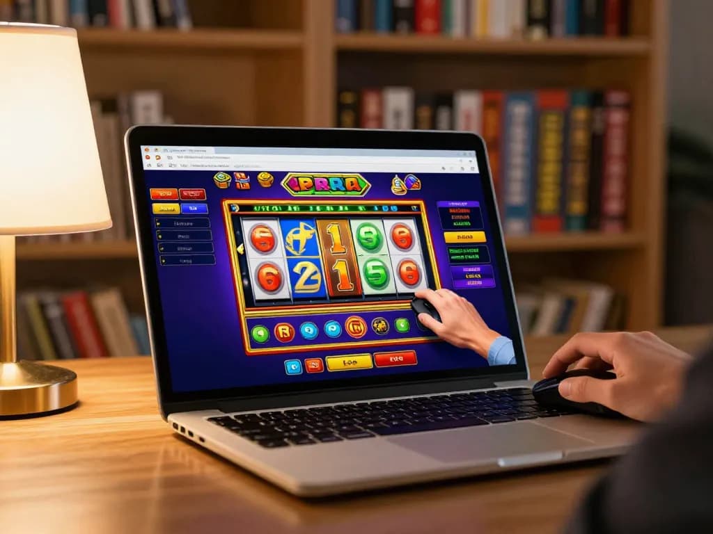 Engaging online gaming scene featuring nhà cái FB88 on laptop with vibrant slot reels and cozy ambiance