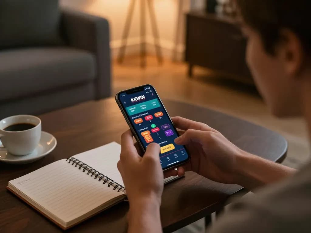 Engaging in online gambling via KKWIN đăng nhập on smartphone, showcasing strategy notes and cozy atmosphere.
