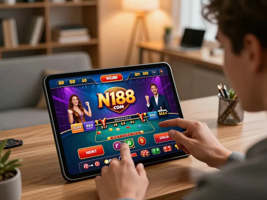 Player engaging with N188 com app for online gaming victory celebration at home