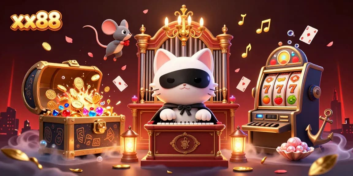 Win big at XX88 with vibrant casino-themed illustration showcasing games, characters, and glimmering treasures.