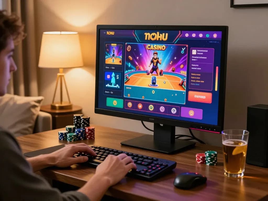 Engage in NOHU casino gaming with colorful online visuals on a dynamic computer interface.