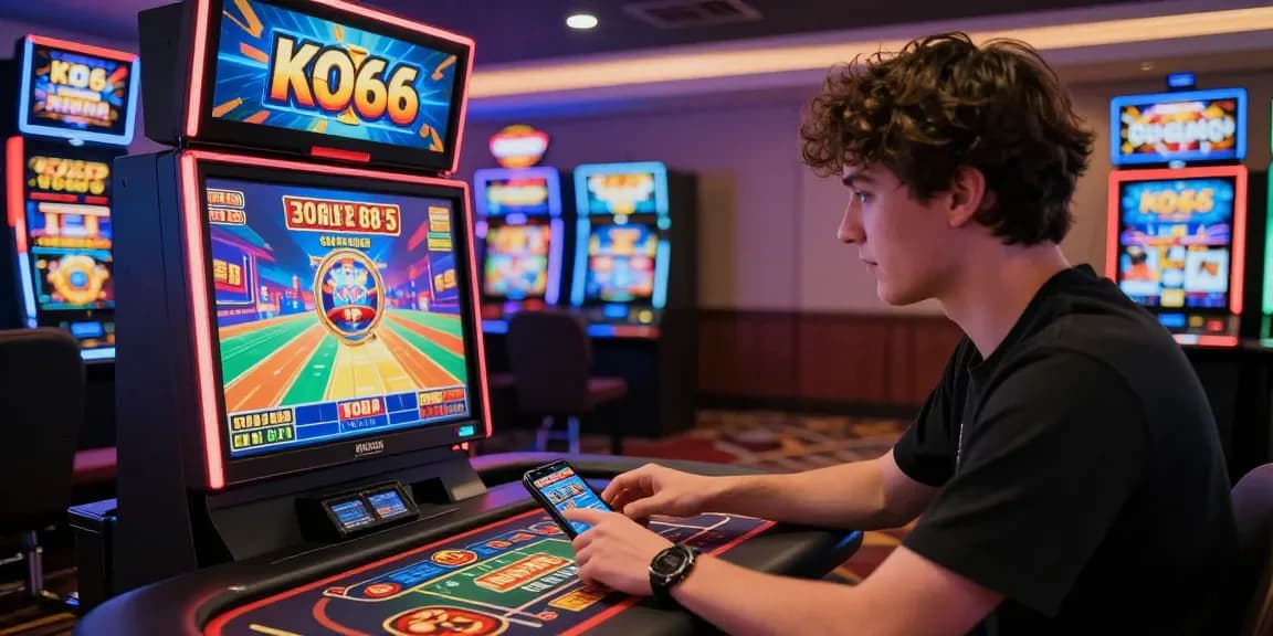Player focusing on KO66 mobile gaming experience with vibrant casino graphics.