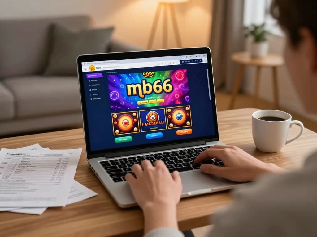 Engaging with mb66 link on a laptop while enjoying online casino gaming at home, showing vibrant gameplay.