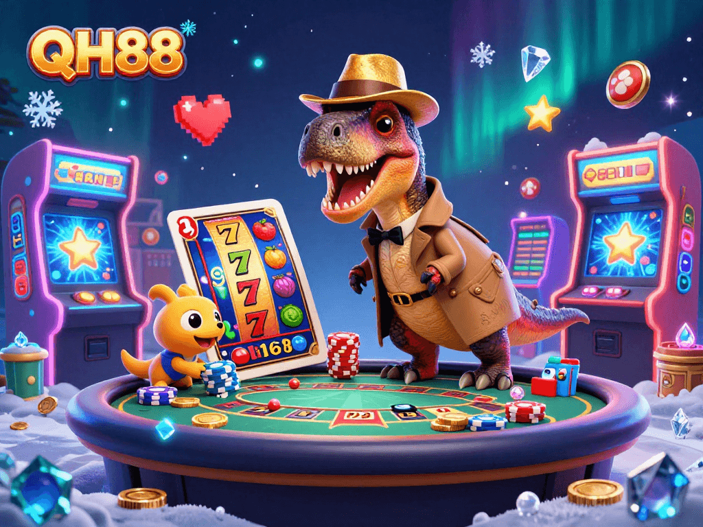 QH88 players enjoying a vibrant casino scene with a velociraptor card counter and slot reels.