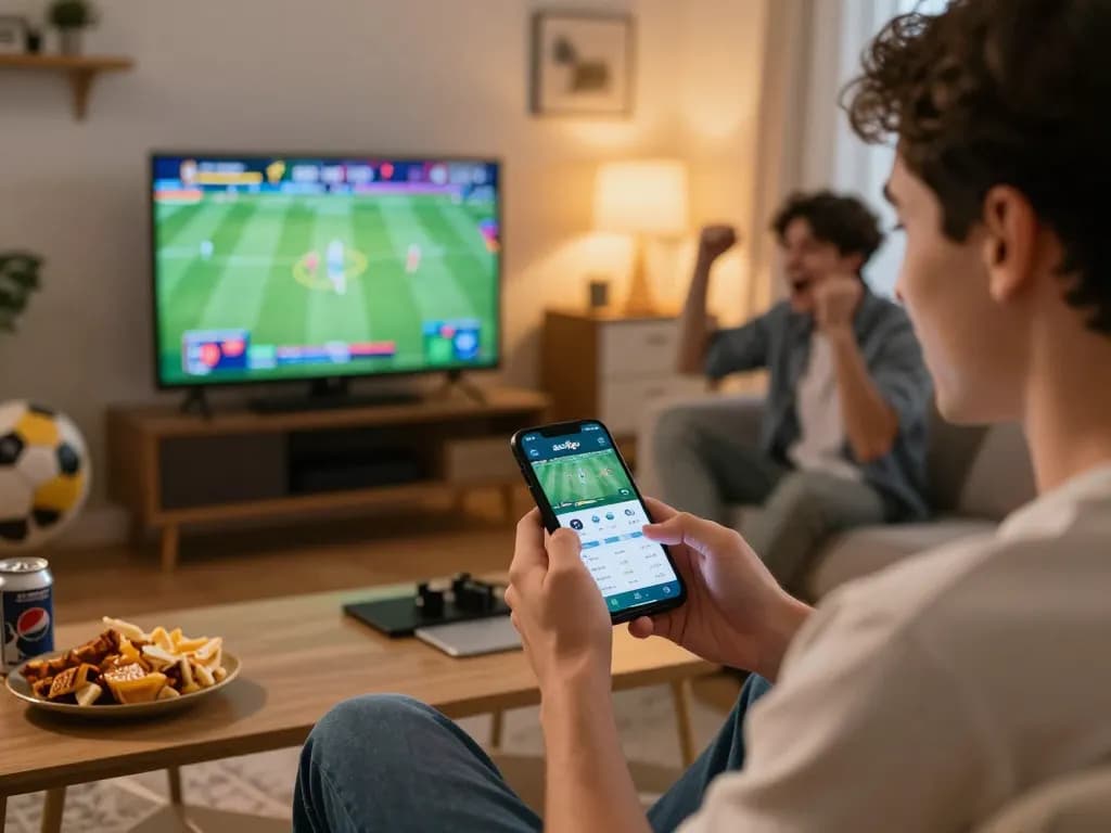 Engaging in live sports betting on abc8go app in a lively home setting with friends.