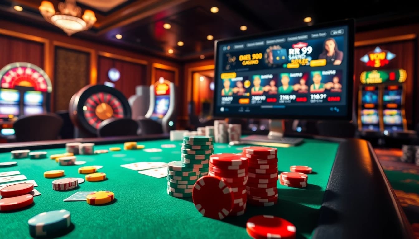 Experience the thrill of RR 99 with vibrant casino games, poker chips, and a roulette wheel.