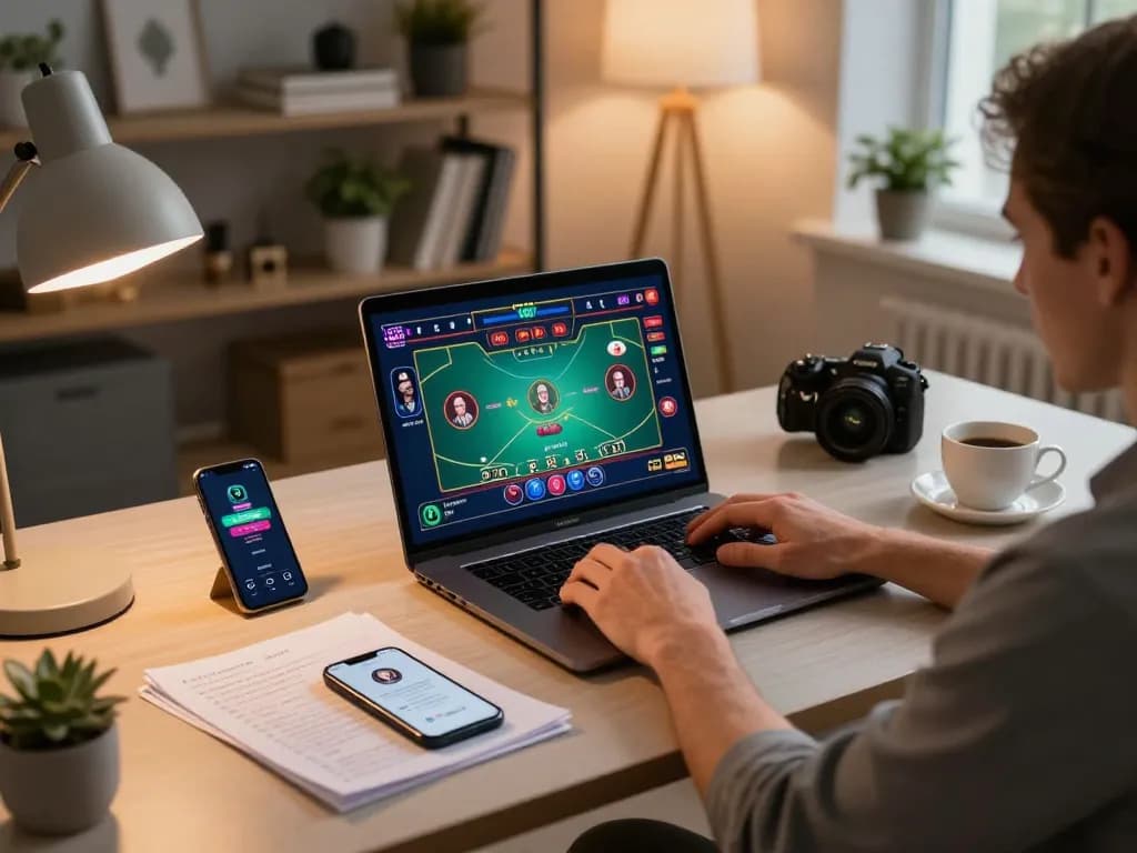 Engaging in live dealer baccarat on the LODE88 platform with a well-organized gaming setup.