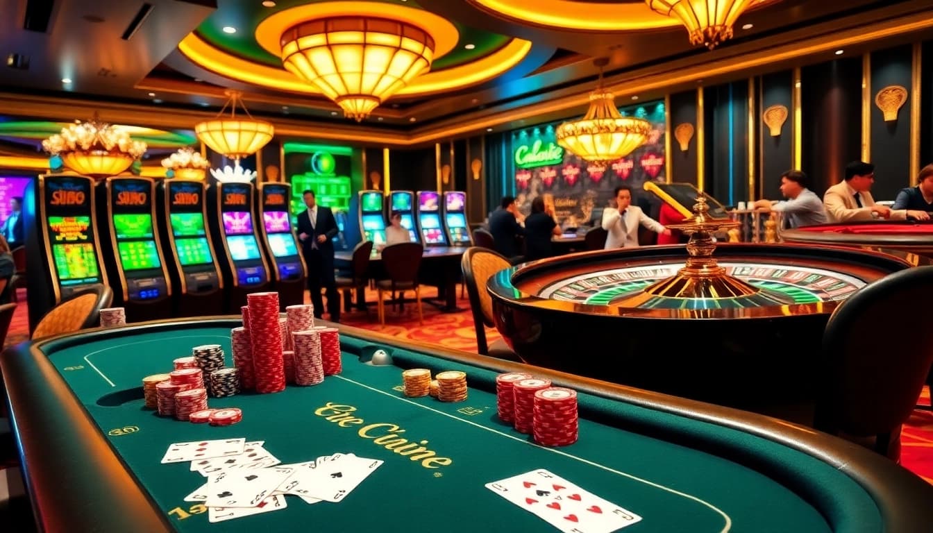 Play exciting casino games at https://88new.autos/ featuring vibrant tables, poker chips, and roulette wheels.