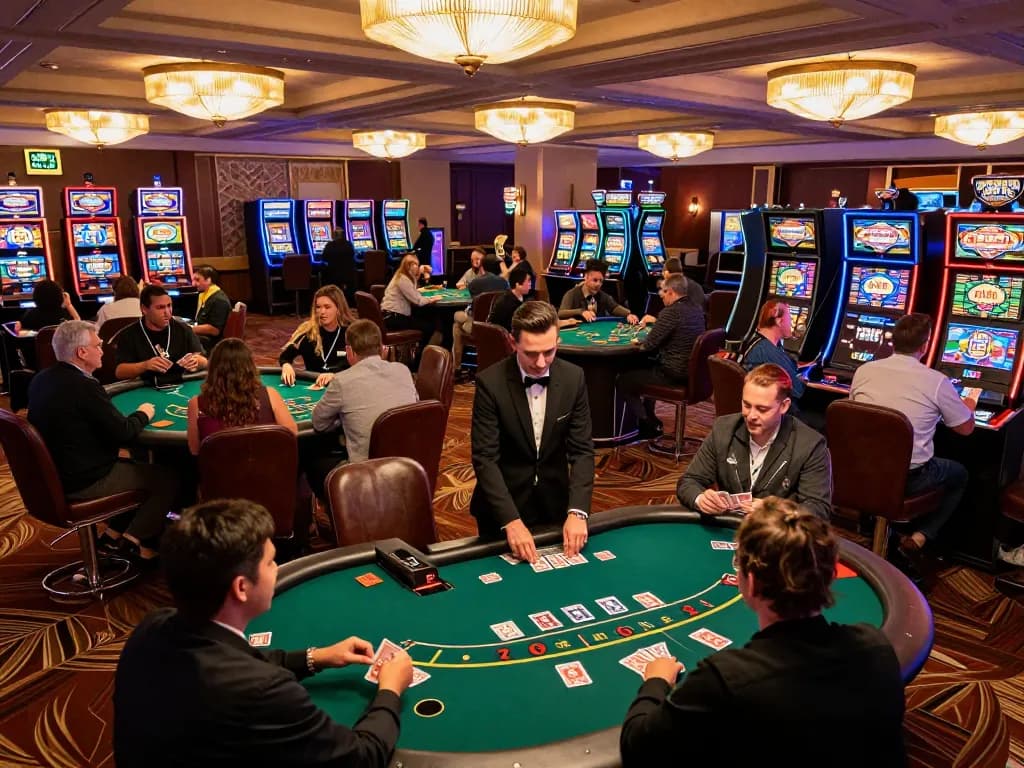 Dynamic gaming atmosphere at qtr88.com featuring players at blackjack tables celebrating wins