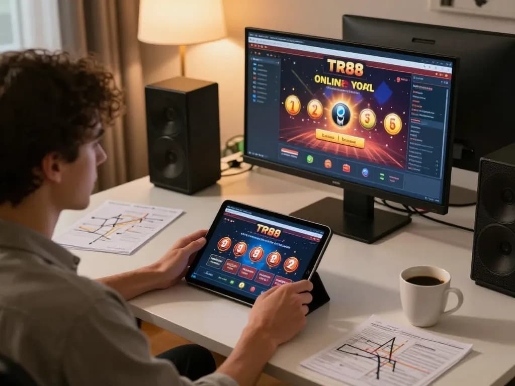 Engaged player using TR88SEO app on tablet to strategize and place bets from home.
