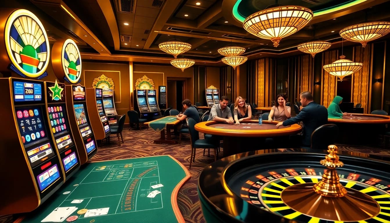 Engaging gamblers at https://xx88.day/ with a vibrant casino scene featuring roulette and slot machines.
