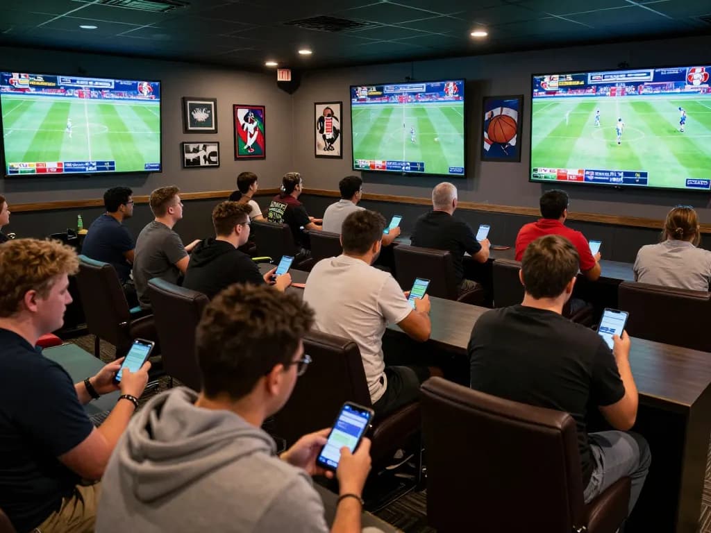 Patrons engaging in sports betting at ALO8, actively placing bets on devices.