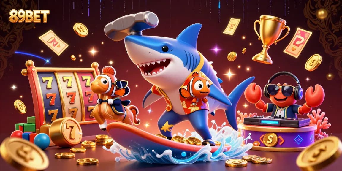 Win big at 89BET with this vibrant illustration of a shark surfing coins, featuring exciting slot game elements.