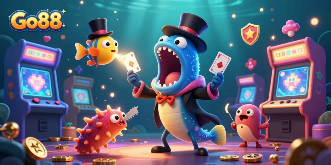 Go88 interactive 3D illustration showcasing deep-sea eels performing thrilling card tricks and engaging in a vibrant gaming atmosphere