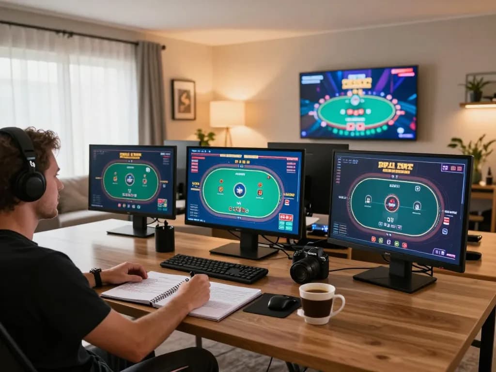 Person strategizing while gambling online at uu88.com, showing laptop setup and coffee.