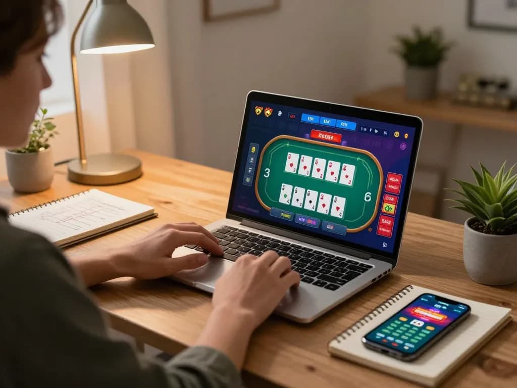 Player engaging in an online game at lv88 with strategic notes nearby, showcasing immersive gambling.
