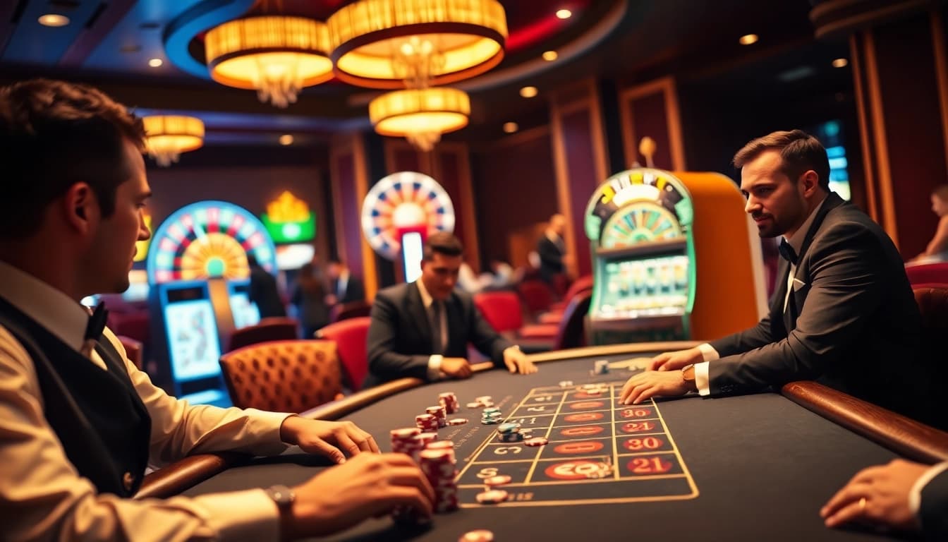 Players enjoying intense blackjack action with 7mcn-inspired betting elements in a luxurious casino setting.
